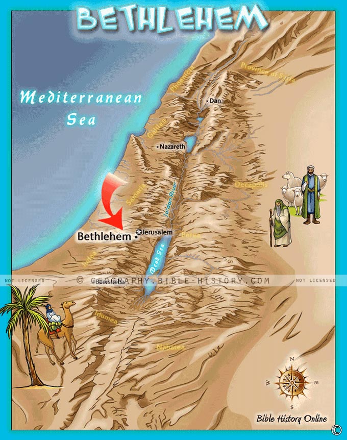 Map of the town of Bethlehem where Jesus was born in a manger