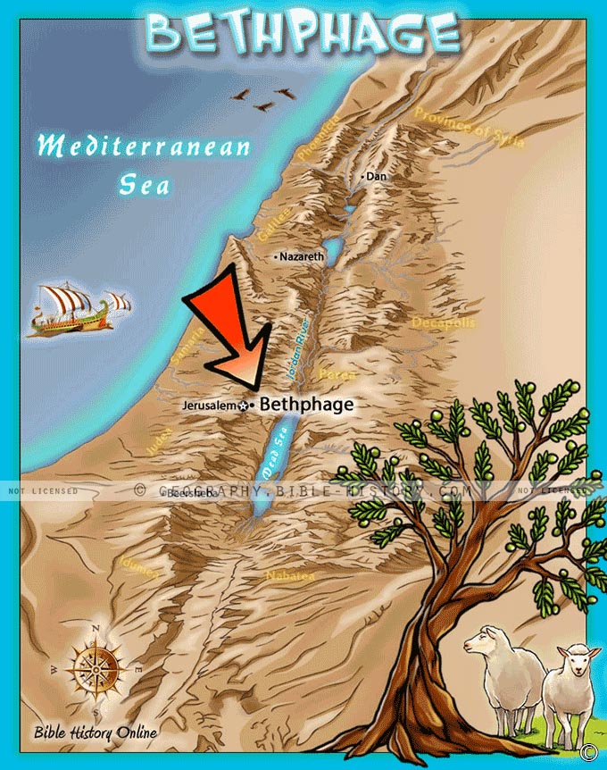 Map of the location of Bethphage in ancient Israel, on the mount of olives.