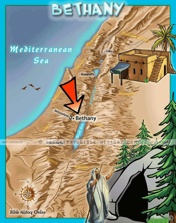 Map of Bethany in Israel where Jesus visited Simon the Leper